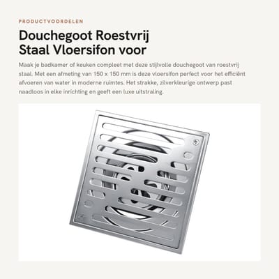 Dailygoods- Douchegoot Roestvrij Staal - Vloersifon - 150 x 150 mm - Waterafvoer - Zilver - Zeefontwerp tegen haren - Afvoerputje