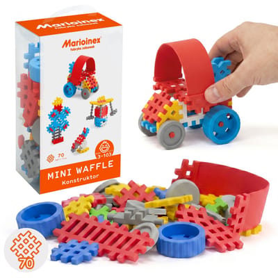Marioinex Mini Waffle Constructor Blauwe bouwsteenset, zachte bouwstenen voor kinderen, veilig – 70 stuks