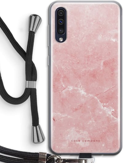 Case Company® - Hoesje met koord geschikt voor Samsung Galaxy A50 hoesje met Koord - Roze marmer - Telefoonhoesje met Zwart Koord - Bescherming aan alle Kanten en Over de Schermrand