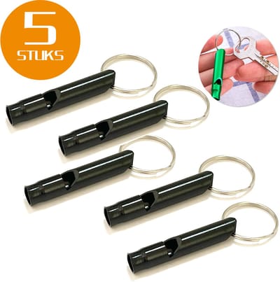 Colorful Sun® Metalen Noodfluit 5 Stuks – Alarmfluit 120 dB met Sleutelhanger – Reddingsfluit voor Outdoor, Wandelen, Camping, Survival & Sport – Hondenfluit – Sport- & Scheidsrechterfluit – Zwart