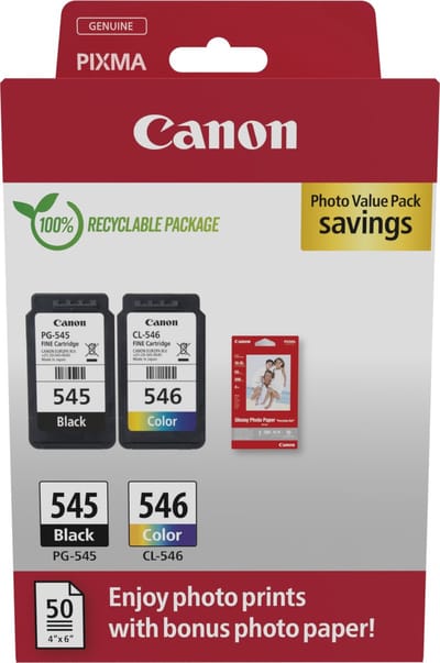 Canon PG-545 + CL-546 - Inktcartridge - Standaard capaciteit - 50 sheets fotopapier - Zwart + Kleur + Retourzakje