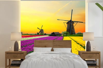 Behang - Fotobehang Windmolen - Tulpen - Bloemen - Lente - Breedte 260 cm x hoogte 260 cm