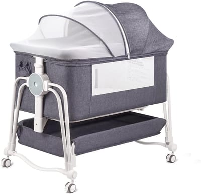 4-in-1 bijzetbed voor baby's, reisbed voor baby's met matras, babybed 7-voudig in hoogte verstelbaar, met opbergmand en draagtas, licht kinderbed met wielen, matras en muggennet (grijs)