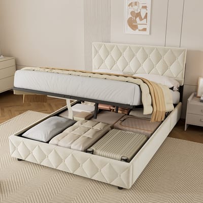 HAUSS SPOLE Gestoffeerd bed 140x200 cm - Tweepersoonsbed - Bed Met Opbergruimte - Jeugdbed - Opslagbedden - Fluwelen gestoffeerd bed - Gebroken Wit (Zonder matras)