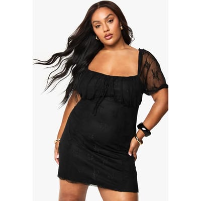 boohoo Dames Plus-kanten skaterjurk met pofmouwen | Black | Maat: 24