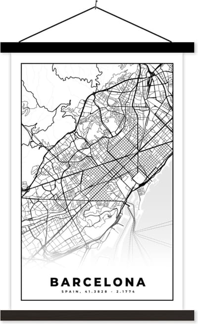 Posterhanger incl. Poster 40x60 cm - Schoolplaat - Barcelona - Stadskaart - Plattegrond - Zwart Wit - Kaart - Textielposter - Zwarte latten - Stadskaart