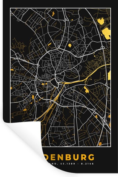 Muurstickers - Sticker Folie - Oldenburg - Duitsland - Goud - Stadskaart - Plattegrond - Kaart - 20x30 cm - Plakfolie - Muurstickers Kinderkamer - Zelfklevend Behang - Zelfklevend behangpapier - Stickerfolie