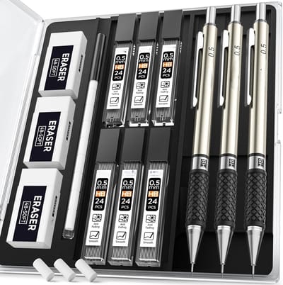 PromoHome 0,5 mm Mechanische Potloden Set in Opbergetui - 3 Stuks Metalen Tekening Potloden met HB Loodvullingen, Gummen en Gumvullingen voor Kunstenaars, Schrijven, Tekenen en Schetsen