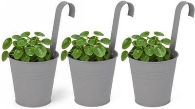 Progarden Bloempotje met haak - 3x - plantenbak zink met ophanghaak - grijs - 20 x 13 x 26 cm - ophangbaar - Balkon/schutting plantenpot