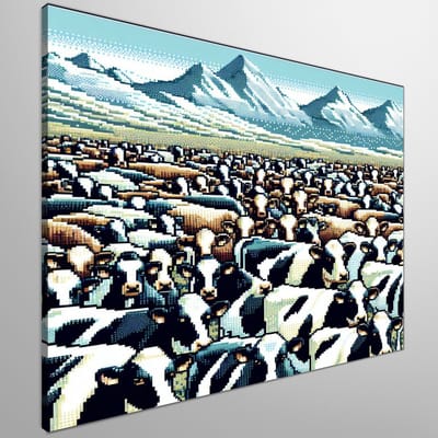 Pixel art koeien schilderij | Colorful bovine mosaic masterpiece: a pixelated pasture panorama | Kunst - 60x60 centimeter op Canvas | Foto op Canvas