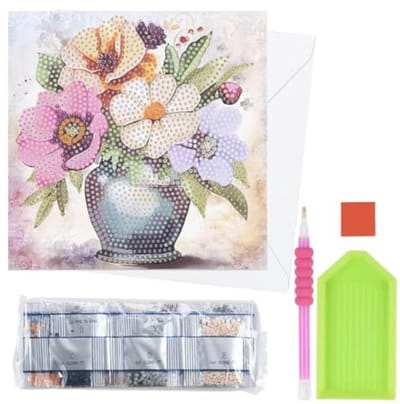 Diamant schilderij wenskaart met vintage bloemen - complete set met gereedschap