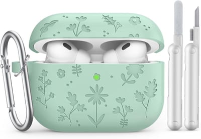 Schattige bloemen gegraveerde hoes voor AirPods Pro 3 met reinigingskit, siliconen beschermende schokbestendige cover met sleutelhanger, Matcha Groen, perfect voor dagelijks gebruik en bescherming