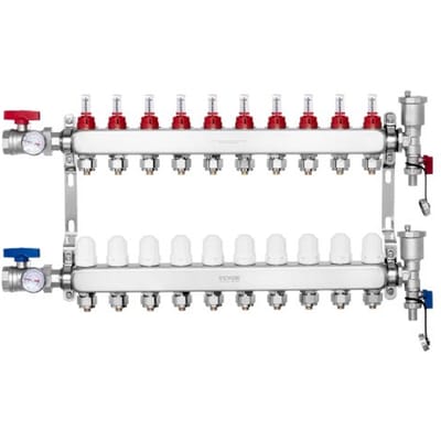 VEVOR 10-taks warmteverdeler, 1/2-inch PEX-buisverdeler, roestvrijstalen PEX-verdeler voor hydrostatische vloerverwarming, warmteverdelerset met PEX-verdeler van 1/2-inch, inclusief 1/2-inch adapters