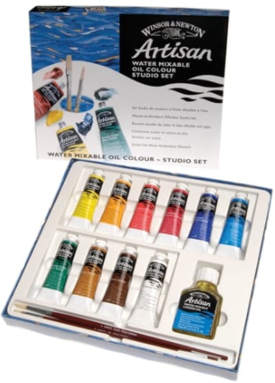 Winsor & Newton 1590268 Artisan Water Mixable Oil Colour - Studio Set 10x37ml + Medium & Penselen