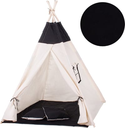 Springos Tipi Tent | Wigwam Speeltent | 120x100x180 cm | Met Mat en Kussens | Naturel Zwart