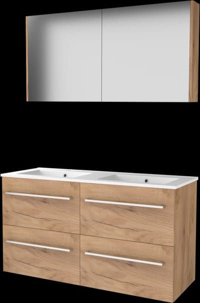 Basic Comfort 46 badmeubelset met spiegelkast, wastafelonderkast met grepen, 4 lades en porseleinen wastafel met 2 kraangaten 120 x 46 cm, whisky oak