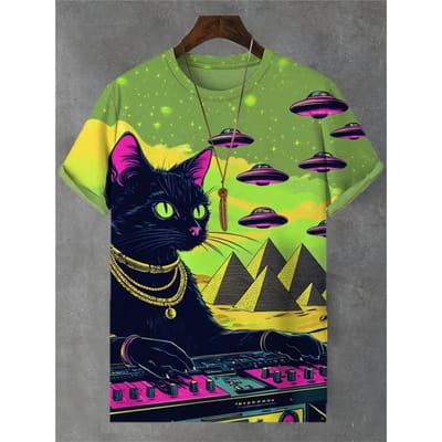Zomer Dieren Kat 3D Print T-shirts Streetwear Heren Grappige Kunst Casual Oversized O-Hals Korte Mouwen Tops Kleding 6XL green