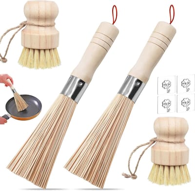 Set van 4 bamboe wokborstels voor het schoonmaken van pannen, potten en bestek met 4 haken en diverse stijlen