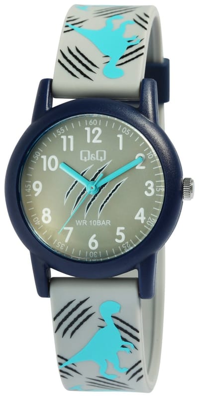Q&Q V23A-005VY - Horloge - Polshorloges - Analoog - Kinderen - Unisex - Plastic band - Rond - Kunststof - Cijfers - Dinosaurus - Grijs - DonkerBlauw - LichtBlauw - 10 ATM