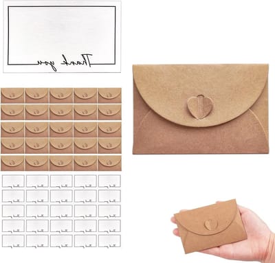 Set van 25 Kraft Papieren Enveloppen met Wenskaarten, Vintage Mini Enveloppen met Sluiting, Perfect voor Kerstmis en Bedankjes
