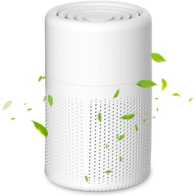 Luchtreiniger met negatieve ionen, verwijdert geuren, fijnstof (PM2.5), allergenen en formaldehyde; draagbaar, wit.
