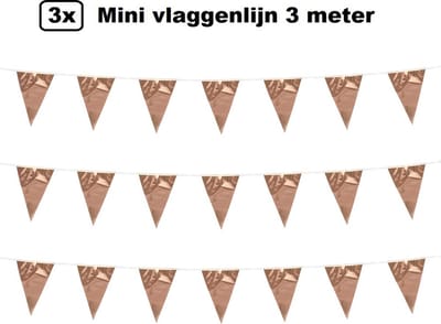 3x Mini vlaggenlijn rose goud 3 meter - 10x 15cm - Huwelijk thema feest festival vlaglijn party