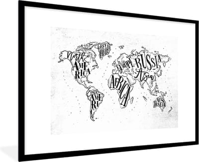 Poster in lijst - Fotolijst 90x60 cm - Posters - Wereldkaart - Wit - Zwart - Posterlijst zwart - Decoratie - Wanddecoratie woonkamer - Muurdecoratie slaapkamer