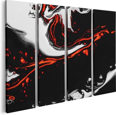Artaza Canvas Schilderij Vierluik Abstracte Kunst - Zwart en Wit met Rood - 80x60 - Foto Op Canvas - Canvas Print