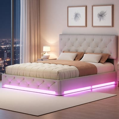 Beige Opbergbed 140x200 Tweepersoons met Hydraulisch Lift, Verstelbaar Hoofdbord & LED aan Voeteneinde