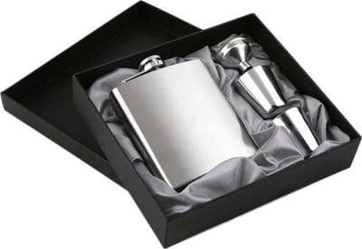 Okado RVS Heupfles Gift Set 210 ml Zilver – Zakflacon Met Trechter en 2 Bekertjes – Compacte Platvink Met Schroefdop en Veiligheidssluiting – Voor Reizen en Outdoor