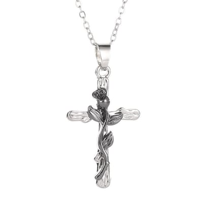 Ketting met Kruis & Roos Zilver & Zwart - Geloof Hanger met bloem - Pax Amare
