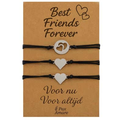 Vriendschapsarmbandjes voor 3 "Best Friends Forever" - Meerdere Hartjes - BFF Armbandjes met Persoonlijk Cadeau Kaartje - Zilverkleurig - Elastisch Verstelbaar - Pax Amare