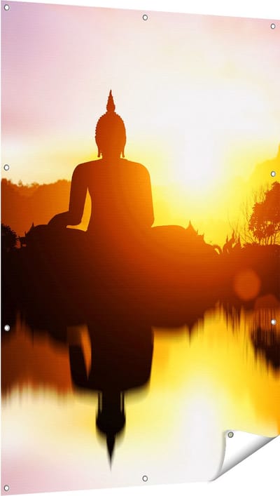Gards Tuinposter Silhouet van Boeddha Beeld met Zonsondergang - 100x150 cm - Tuindoek - Tuindecoratie - Wanddecoratie buiten - Tuinschilderij