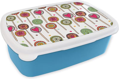 Broodtrommel Blauw - Lunchbox - Brooddoos - Patroon - Lolly - Hartjes - Snoep - 18x12x6 cm - Kinderen - Jongen