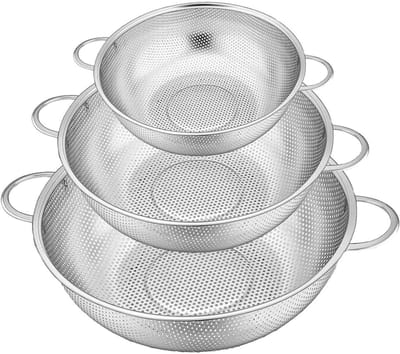 Famanu – Keukenzeef set van 3 met handvat, roestvrij staal, fijn geperforeerd, geschikt voor pasta, rijst, groenten en fruit