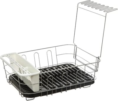 Luxe afdruiprek/afwasrek zwart met lekbak en extra wijnglazen houder 44 x 36 cm van metaal - Afwassen
