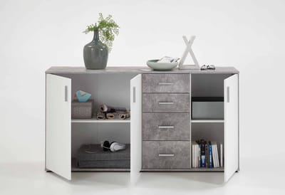 Dressoir Ares Beton - Wit - Breedte 160.1 cm - Hoogte 83 cm - Diepte 35 cm - Met lades - Met planken - Met openslaande deuren