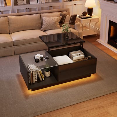 DESMIU Salontafel Met Verstelbaar Blad En Verborgen Opbergruimte En Ledverlichting Voor Woonkamer En Werkhoek Spaanplaat Zwart 100x50x33 Cm