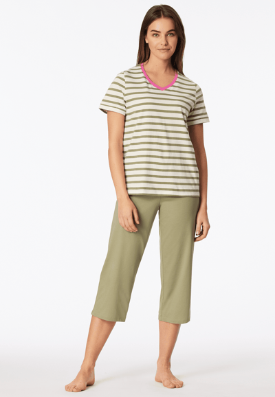 Schiesser dames pyjama korte mouw - Casual Essentials - Katoenen capri pyjama - 42 - Groen