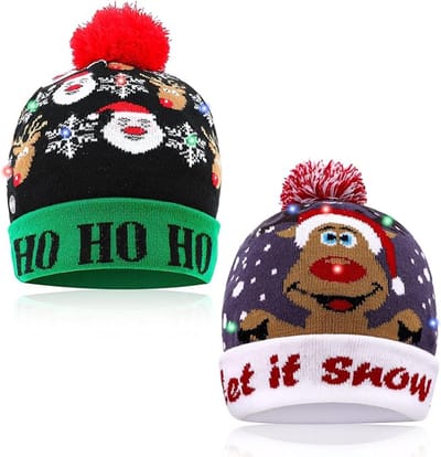 2 stuks kerst LED Light Up Hat, Xmas Beanie gebreide hoed, 6 kleurrijke LED kerstmuts unisex nieuwigheid kerst pet kerstboom hoed lelijke trui led hoed voor kinderen en volwassenen (zwart+grijs)