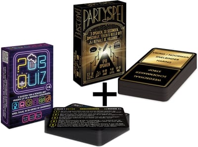 COMBI-DEAL: Pubquiz over 2025! (#4); 9x pubquiz van 6 rondes / 198 vragen over Nederland) - Kaartspel - Pocketformaat Quizspel + PARTYSPEL #1 - Party & Raadspel / Tekenspel / Acteerspel - 30 seconden, 3 opgaven; omschrijven, tekenen & uitbeelden