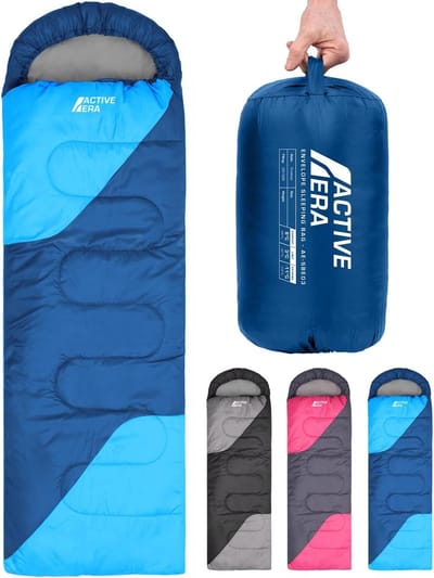 Active Era Premium Slaapzak – 250 GSM Vulling en Waterdicht – Met Binnenzak en Capuchon – 4 Seizoenen, voor Kamperen, Camping, Backpacken, Hiken, Festivals, Logeren, Buitenhuis – Volwassenen & Kinderen – 210x75cm – Blauw