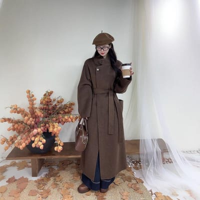 Opstaande kraag, Taille met strik, Dubbelzijdig kasjmier jas voor dames, Herfst en winter Koreaanse stijl Lange knielange losse wollen jas M gray
