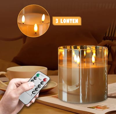 Meisterhome® Realistische LED kaars – Flikkerende vlam - 3 lonten - Echte waxkaars – 3x AA batterijen - met afstandsbediening - Timerfunctie – Dimfunctie – Amberkleurig - (ØxH) 15x15 cm