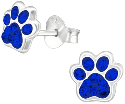 Joy|S - Zilveren kat hond dierenpoot oorbellen - 7 x 6 mm - saffier blauw - poot afdruk - kinderoorbellen