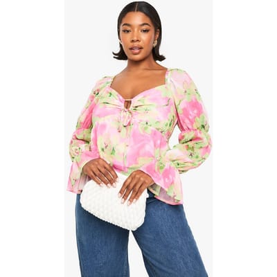 boohoo Dames PLUS BLOEUS MET STRIKDETAIL AAN DE VOORKANT IN FLORALE CHIFFON | Roze | Maat: 56