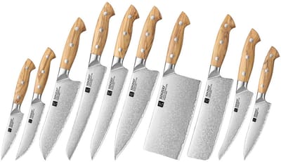 XinZuo X02O Pin Series Messenset 10-delig – Olijfhouten Handvaten – 3-Laags Composietstaal met Stonewash Afwerking