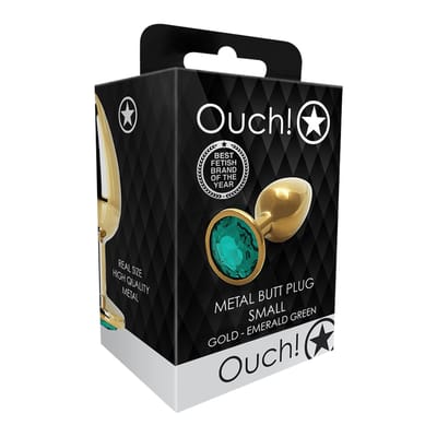 Shots - Ouch! OU802GLD - Round Gem Butt Plug - Small - Gold / Emerald Green
