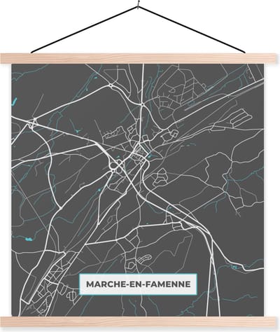Posterhanger incl. Poster 40x40 cm - Schoolplaat - België – Marche en Famenne – Stadskaart – Kaart – Blauw – Plattegrond - Textielposter - Blanke latten - Stadskaart