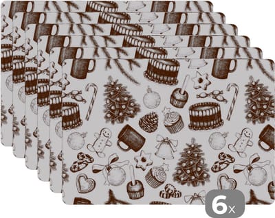 Placemat - Placemats kunststof - Vintage - Kerst - Patronen - December - 45x30 cm - 6 stuks - Hittebestendig - Anti-Slip - Onderlegger - Afneembaar